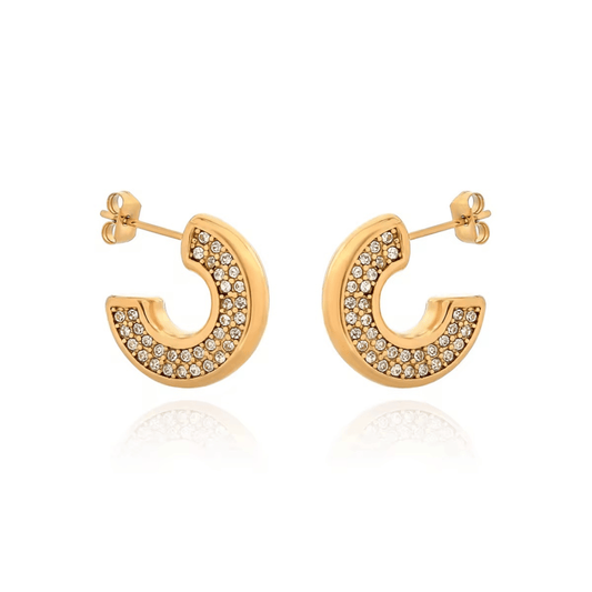 Gold hoop earrings with embedded stones on a white background