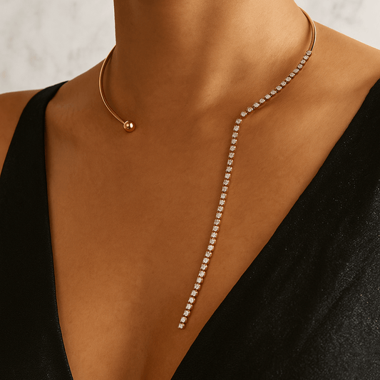 Necklace with small stones on a model against a neutral background