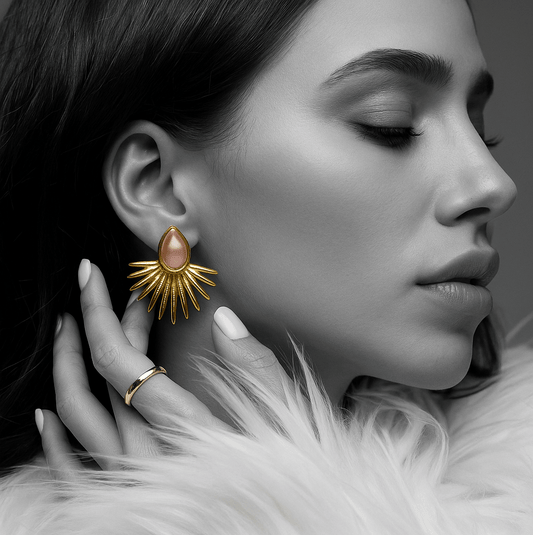 Close-up of a woman wearing a gold earring with a pink gemstone, with a blurred background.