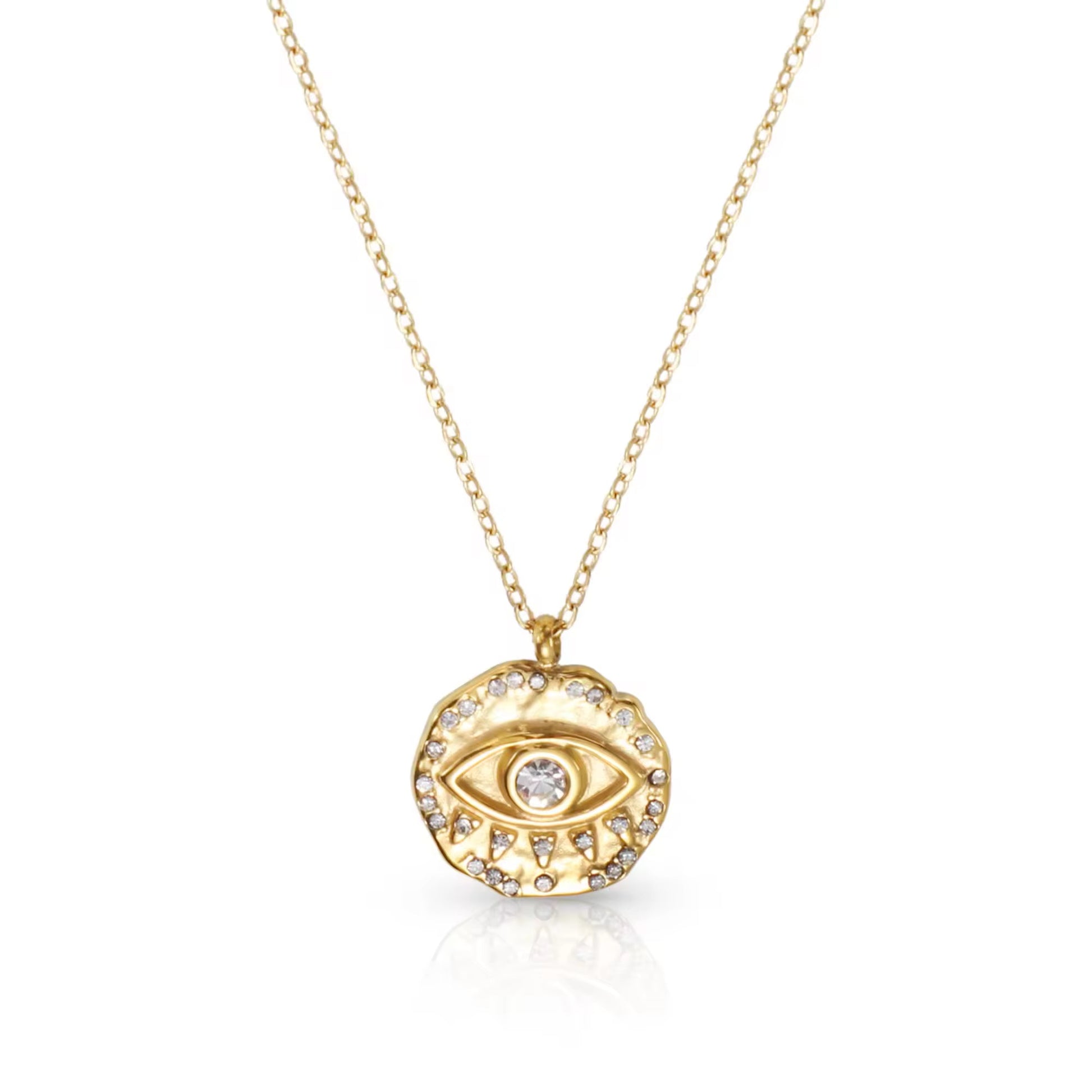 Gold necklace with an eye-shaped pendant on a white background
