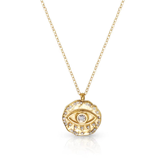 Gold necklace with an eye-shaped pendant on a white background