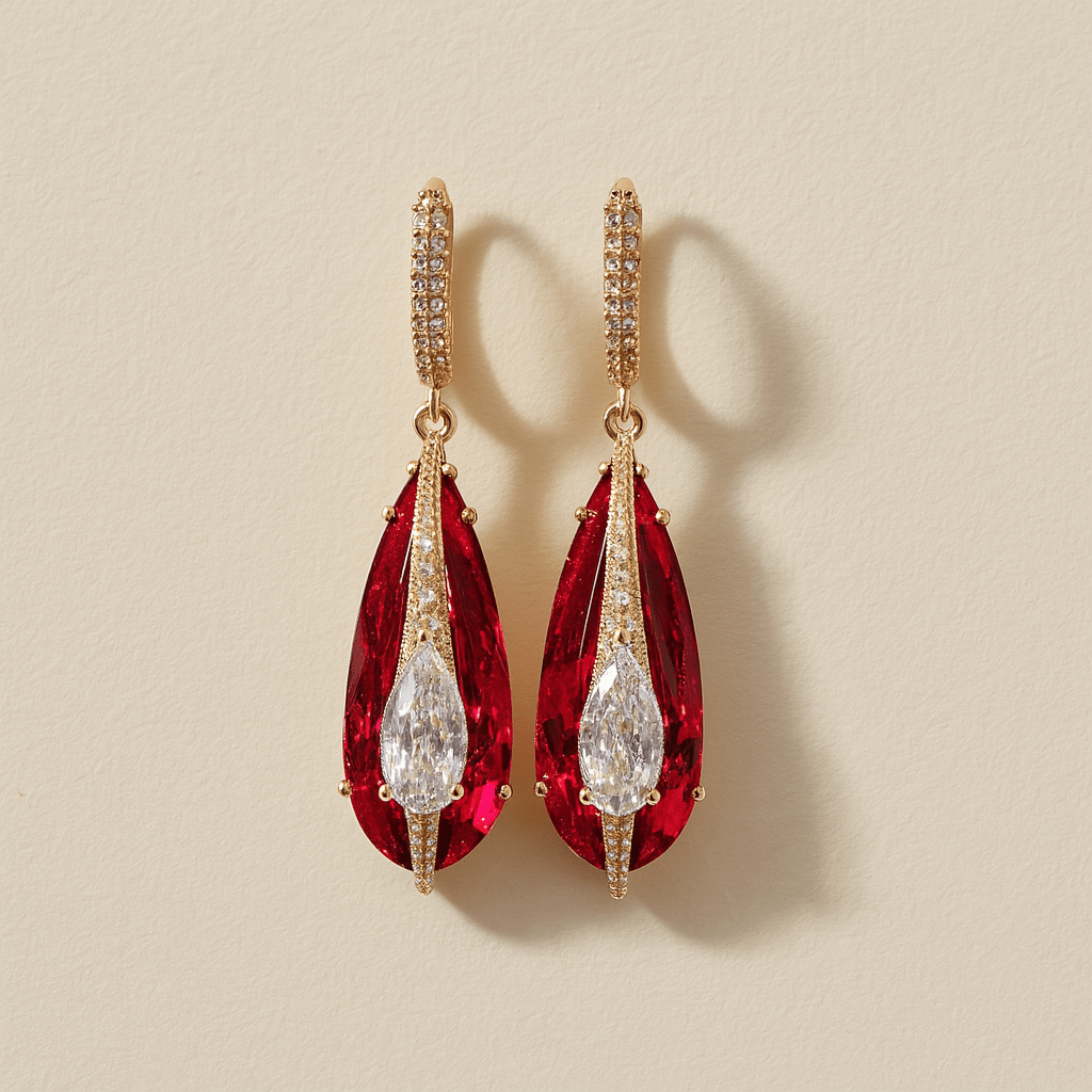 Pair of red teardrop earrings with gold accents on a beige background