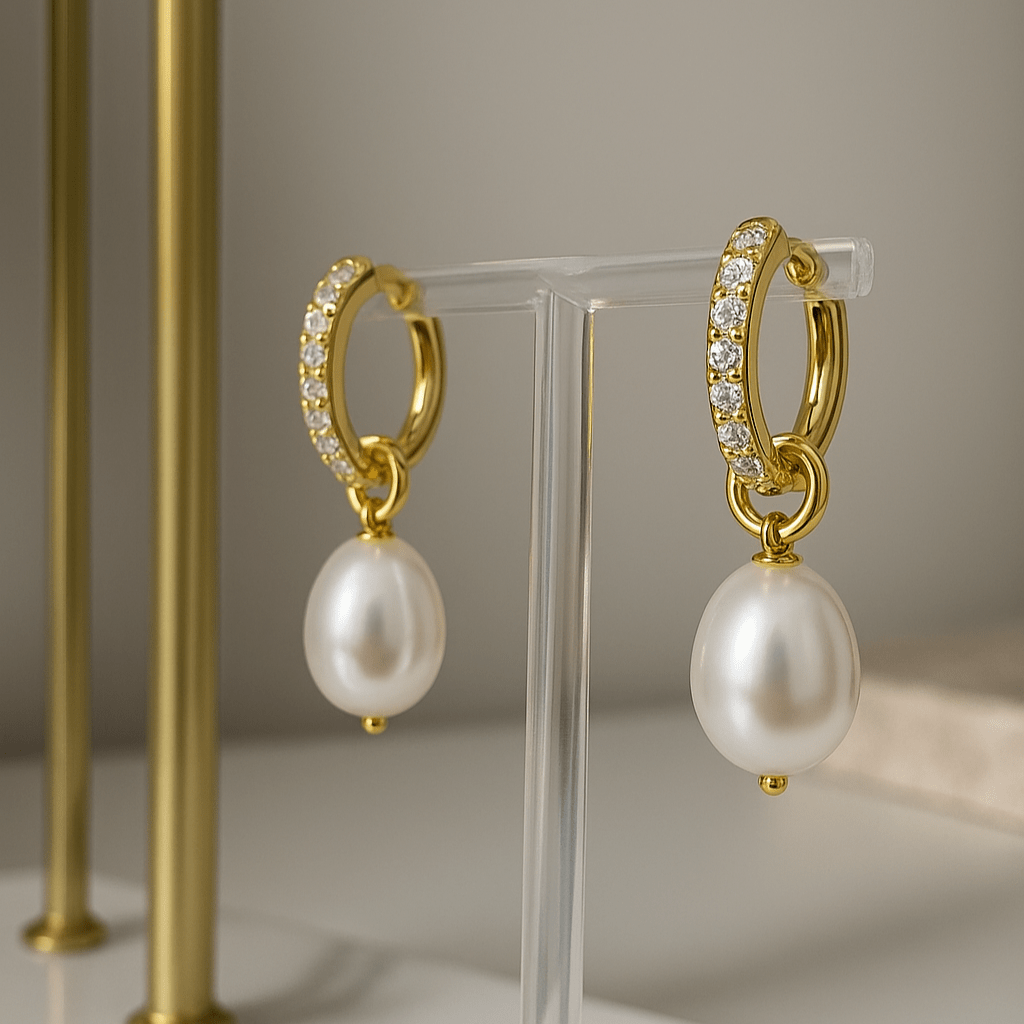 Gold hoop earrings with pearl drops on a clear stand against a neutral background