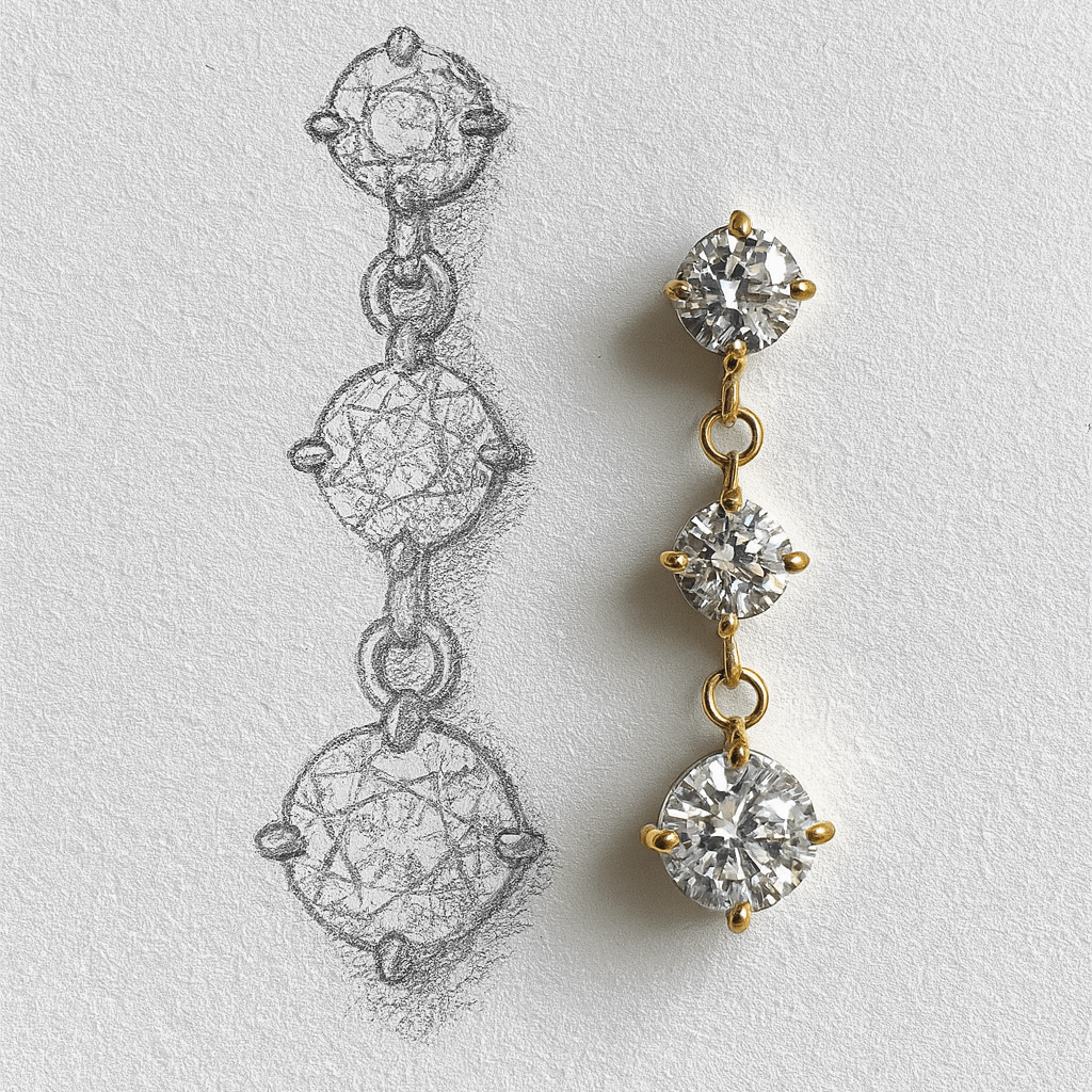 Pair of gold and silver earrings on a light gray background