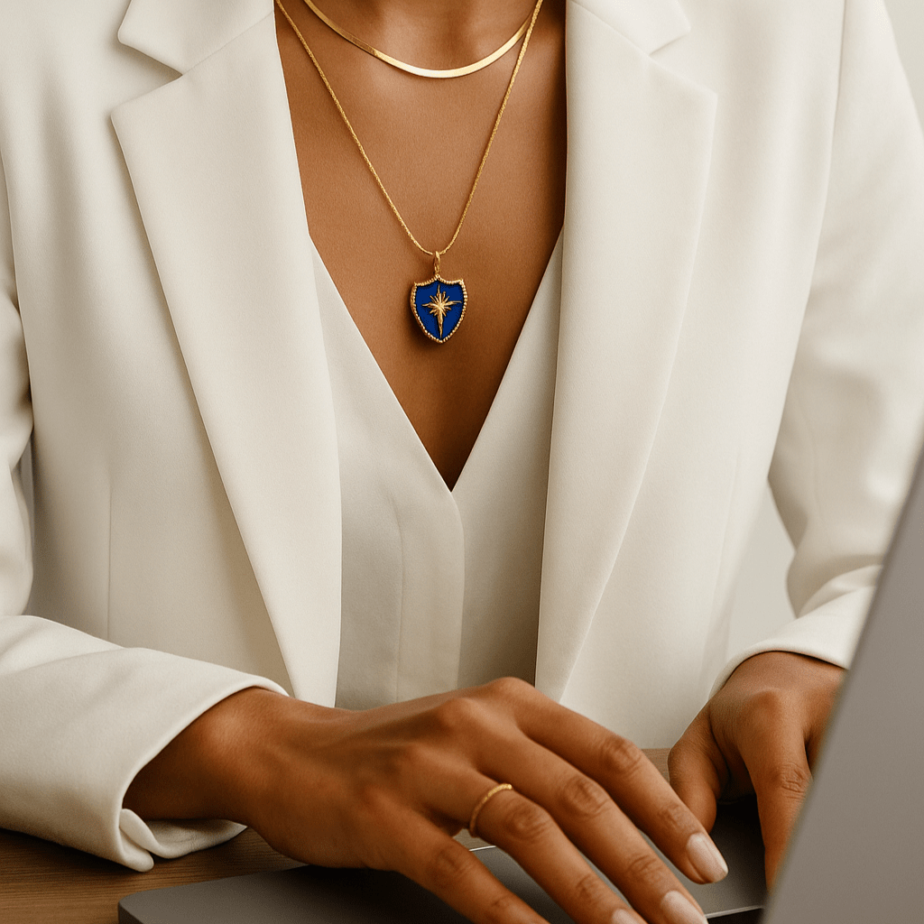Person wearing a white blazer and gold necklace with a blue pendant, using a laptop.