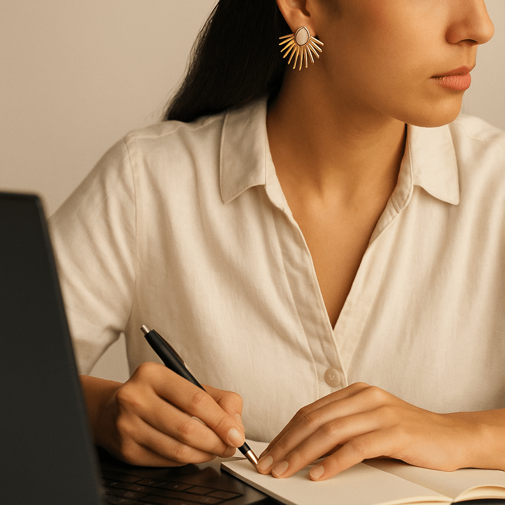 Woman taking notes with a pen and notebook in front of a laptop.