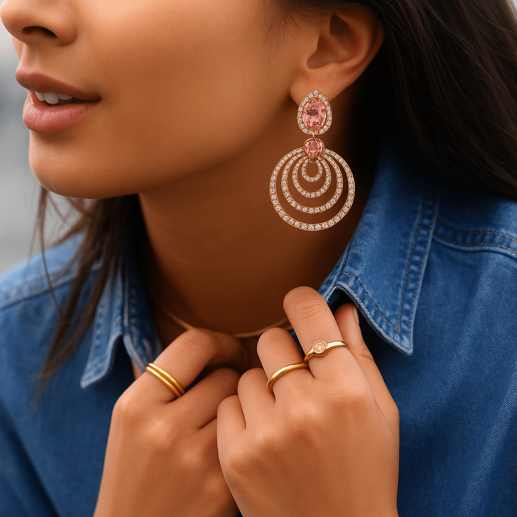 Woman wearing gold jewelry including earrings, rings, and bracelets against a blurred background.