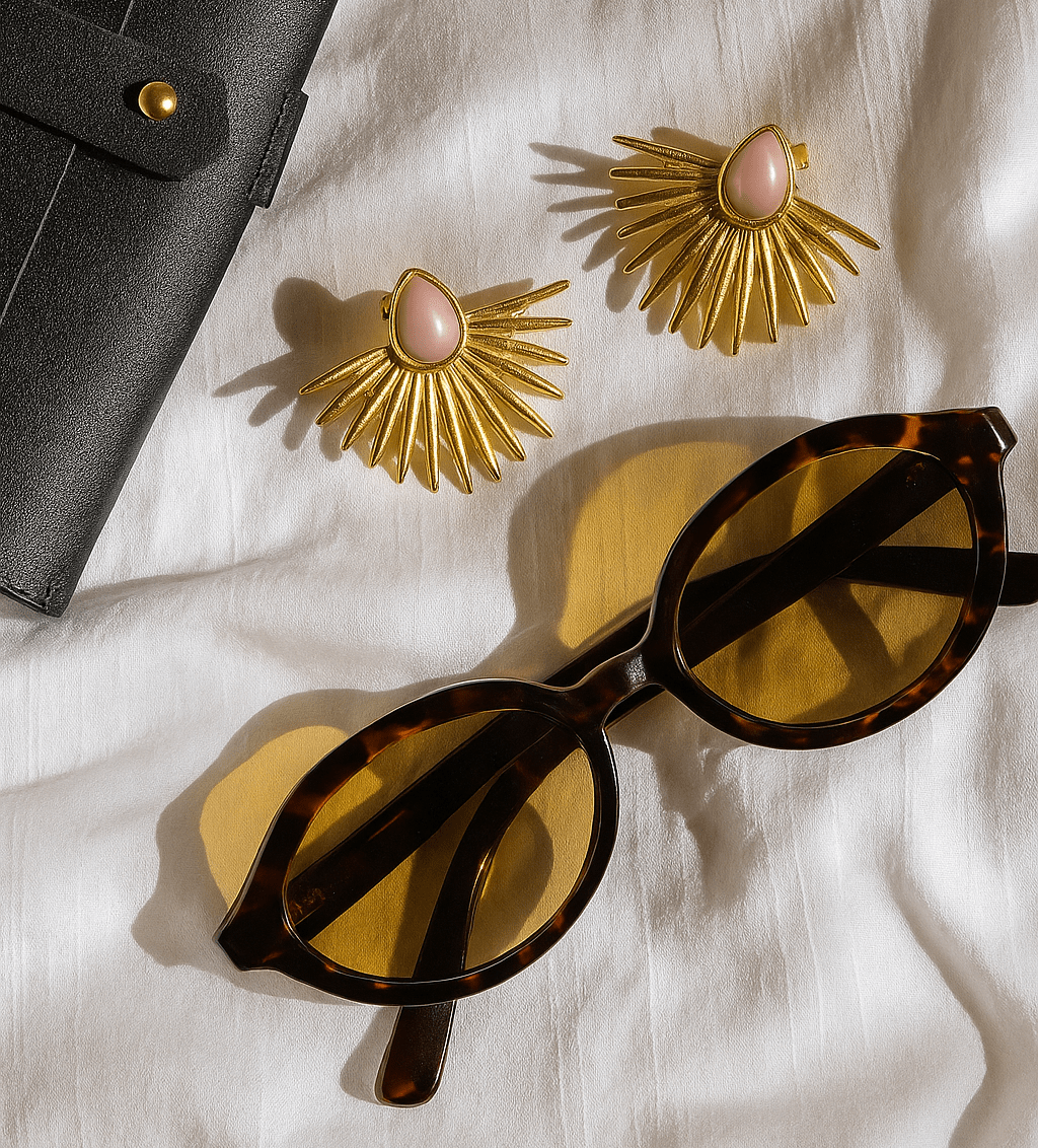 Sunglasses and gold earrings on a white fabric background