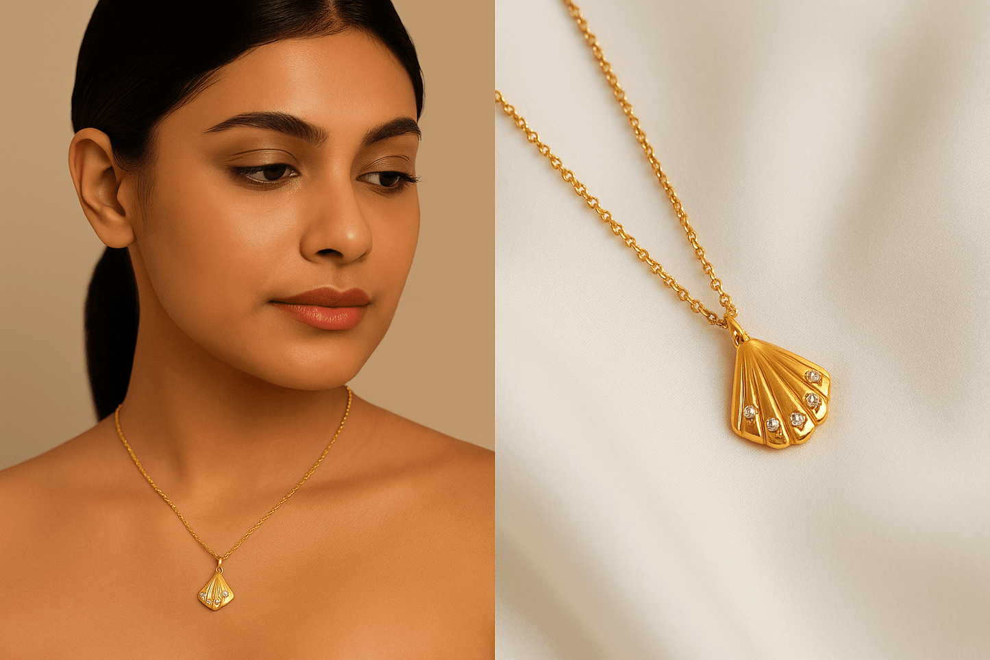 Woman wearing a gold necklace with a scalloped pendant, next to a close-up of the pendant on a beige background.