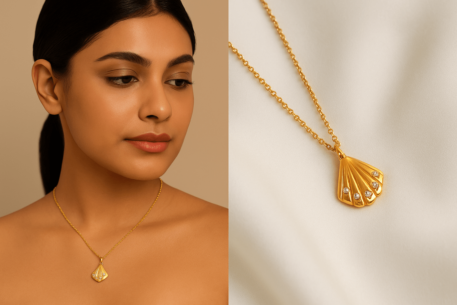 Woman wearing a gold necklace with a scalloped pendant, next to a close-up of the pendant on a beige background.