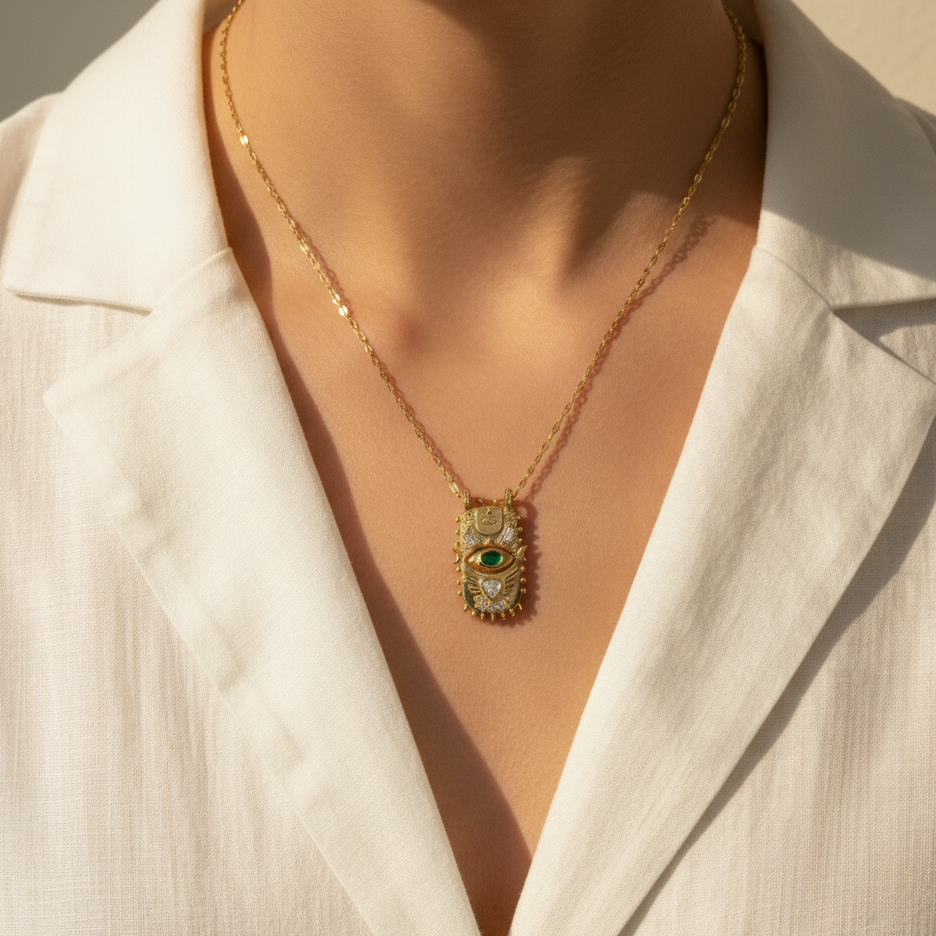 Gold necklace with an eye-shaped pendant worn by a person in a white blazer.