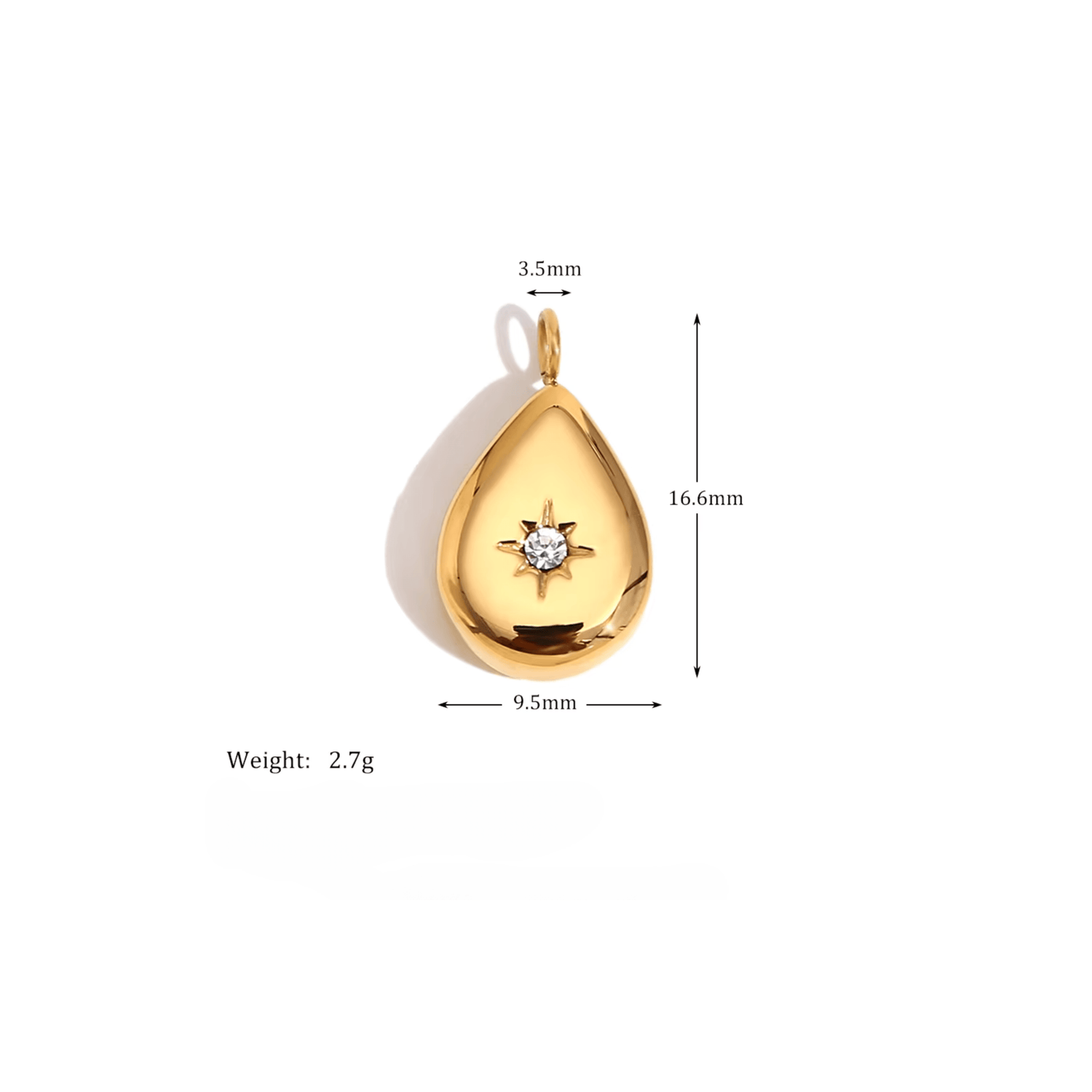 A golden tear-shaped charm with a star design in the center, along with dimensions and weight specifications.