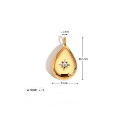 A golden tear-shaped charm with a star design in the center, along with dimensions and weight specifications.