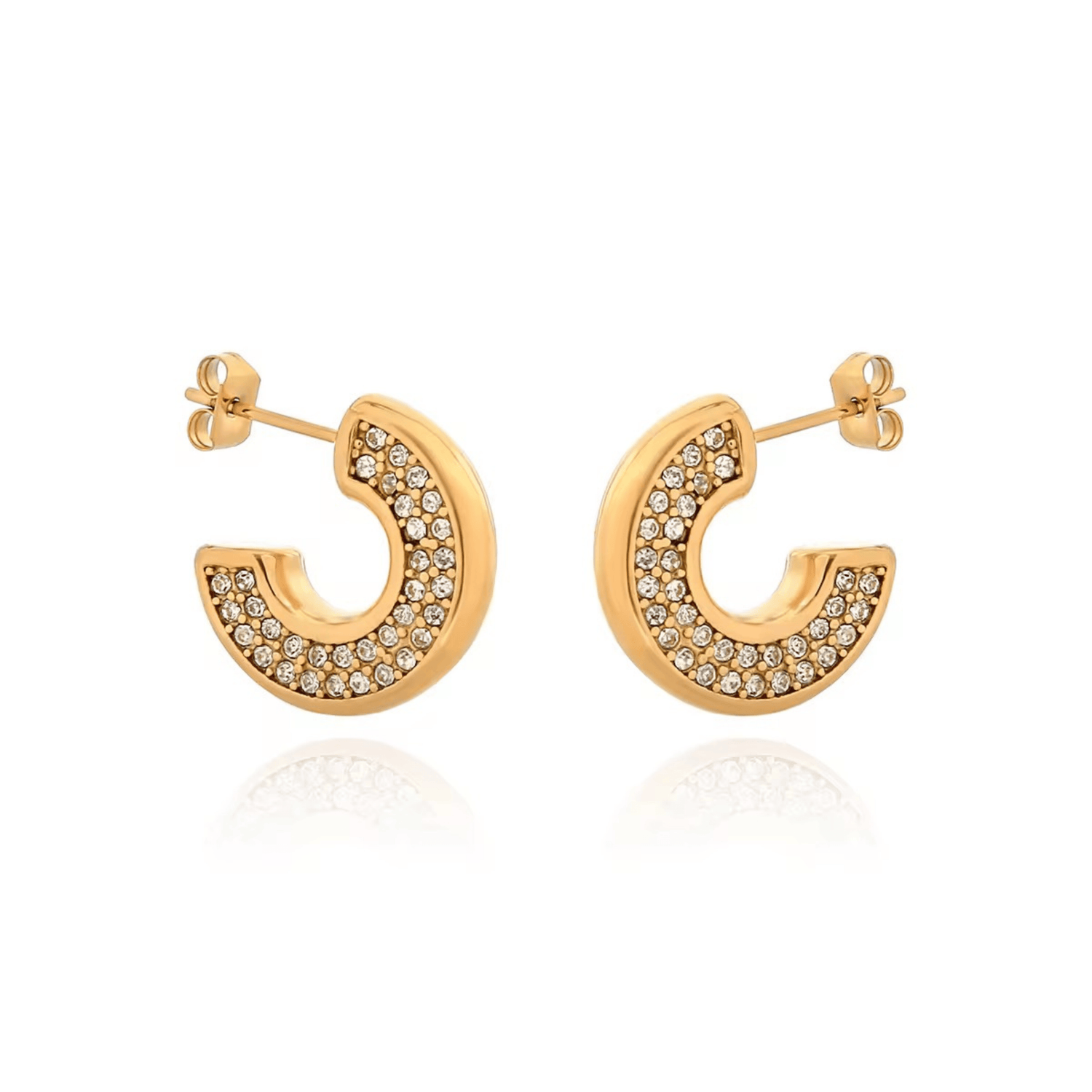 Gold hoop earrings with embedded stones on a white background