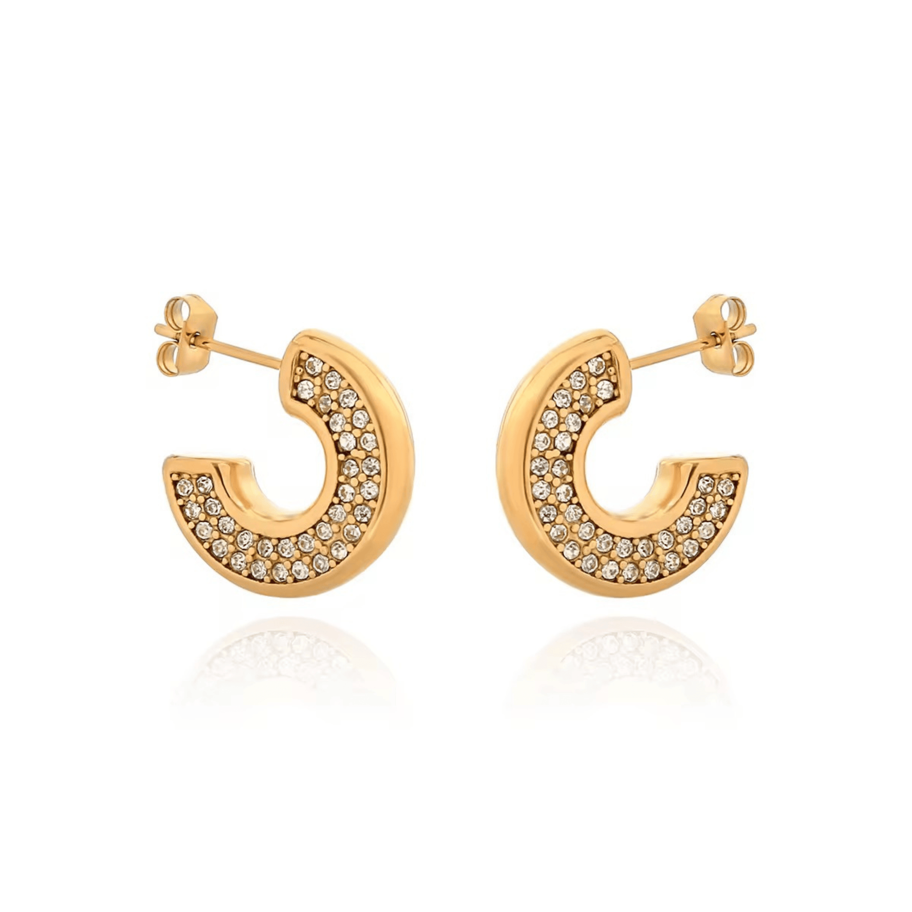 Gold hoop earrings with embedded stones on a white background