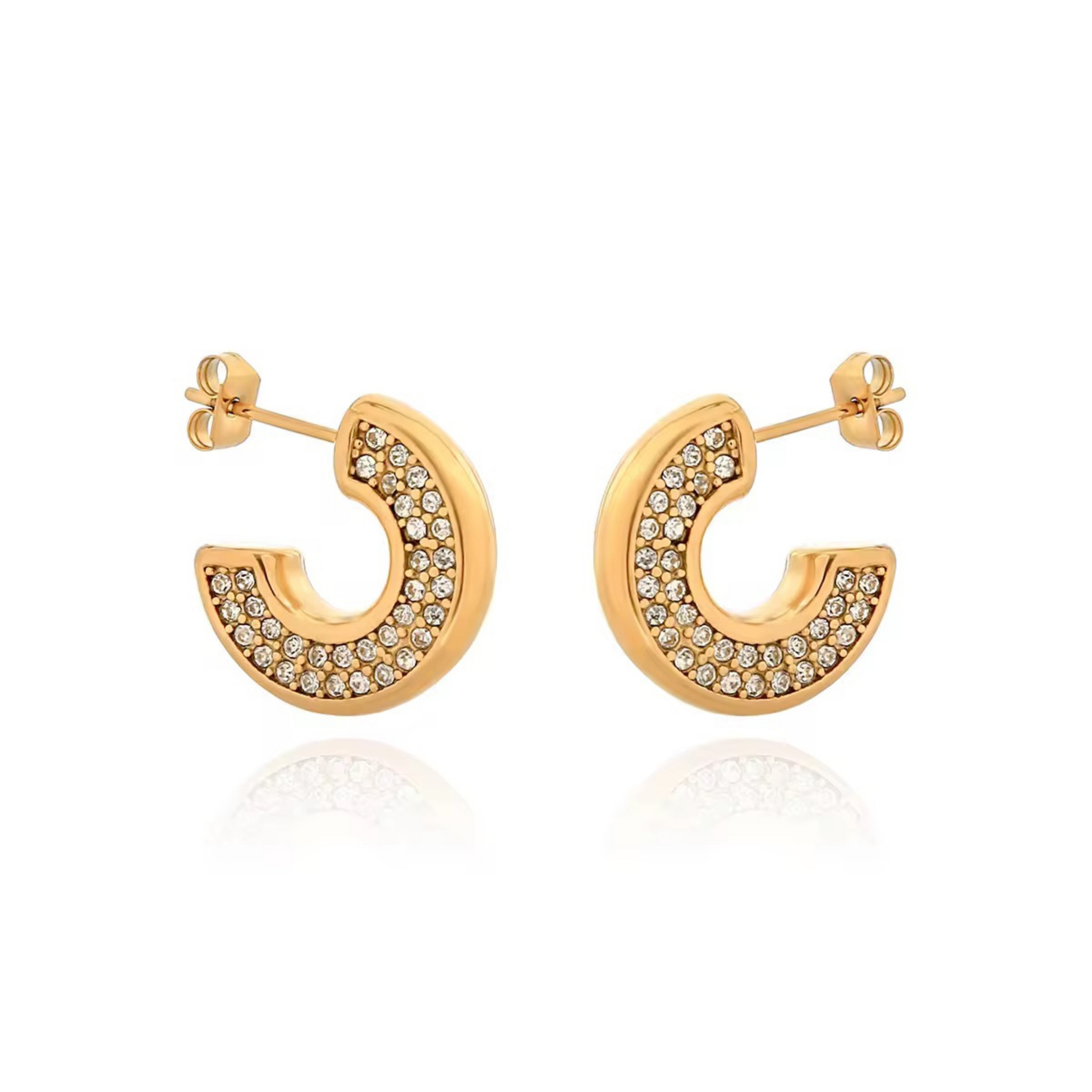 Gold hoop earrings with embedded stones on a white background