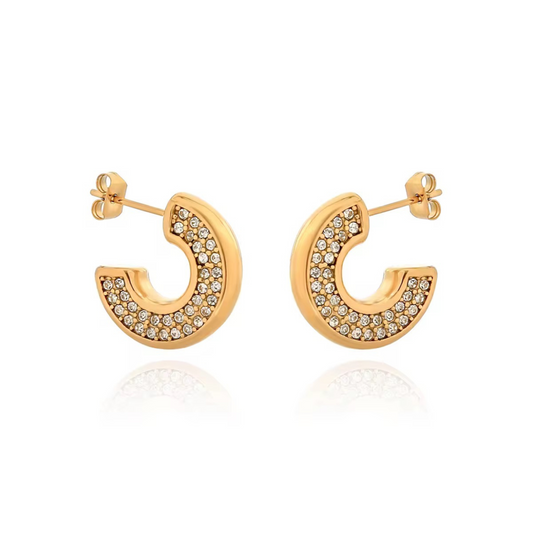 Gold hoop earrings with embedded stones on a white background