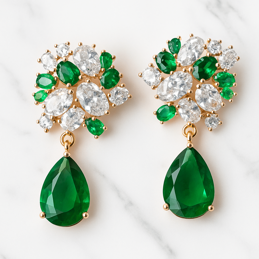 Green and clear gemstone earrings on a white background