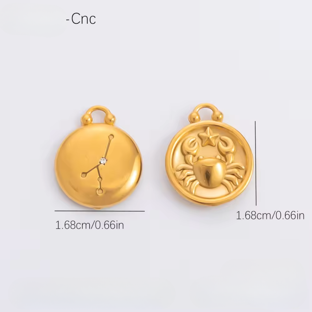 Two gold pendants with zodiac symbols on a light gray background