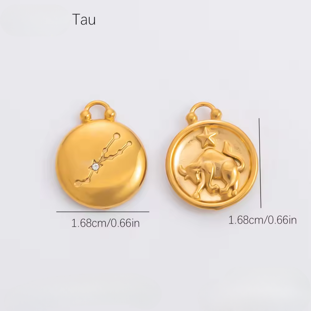 Two gold pendants with zodiac symbols on a light gray background