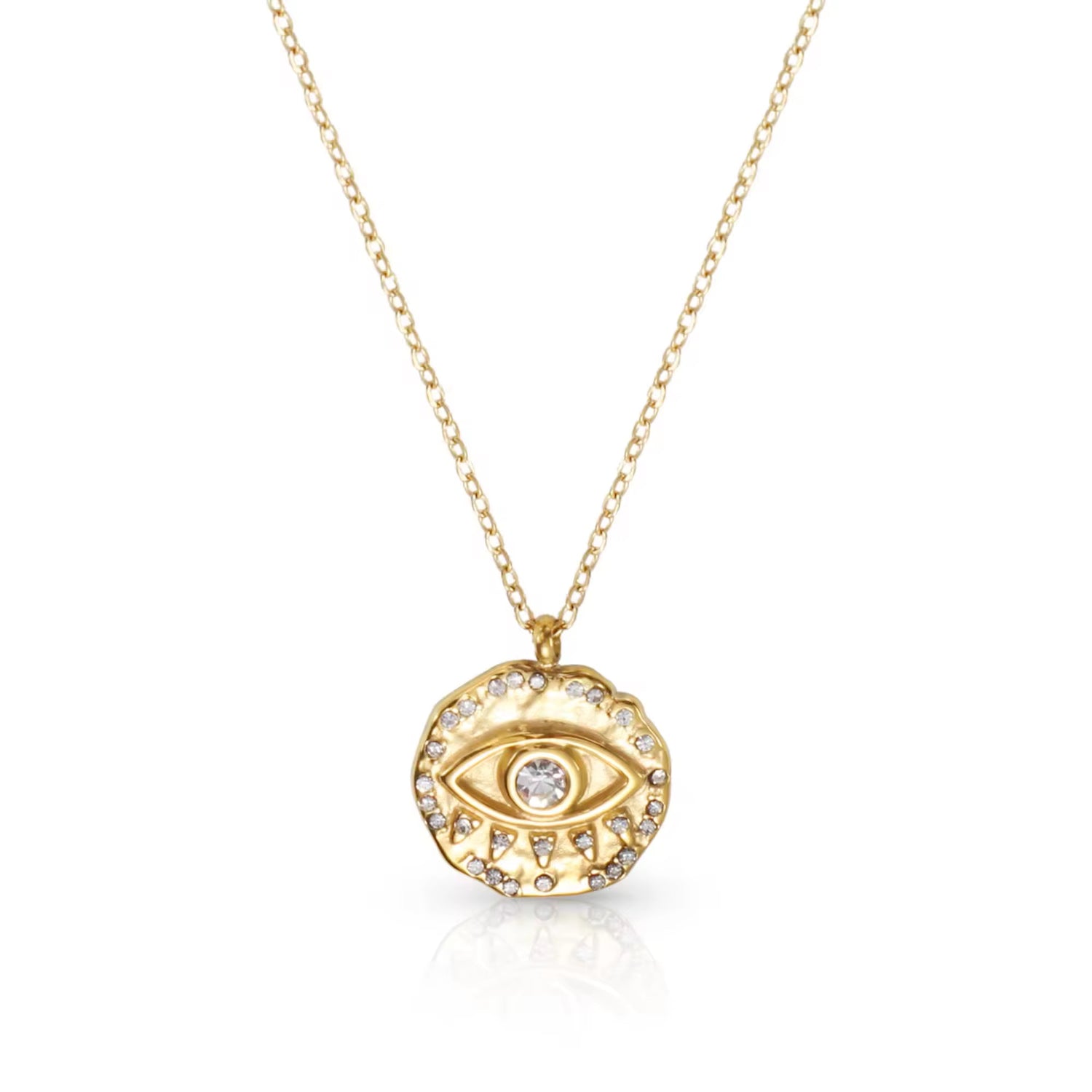 Gold necklace with an eye-shaped pendant on a white background