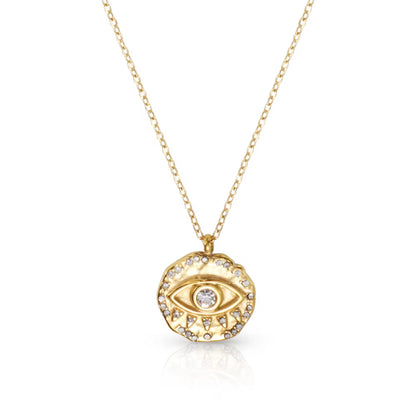 Gold necklace with an eye-shaped pendant on a white background