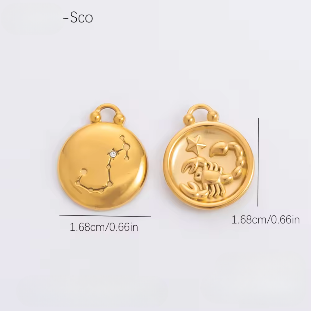 Two gold pendants with zodiac symbols on a light gray background