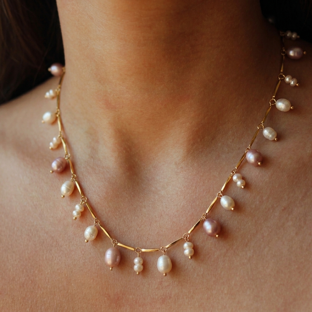 A delicate gold necklace with small dangling pearls, worn on a model's neck.