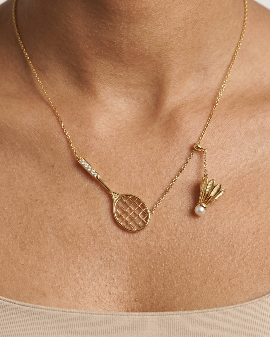 Gold necklace with racket and shuttlecock pendant on a person's neck