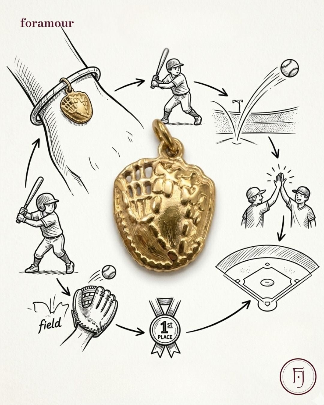 Gold baseball pendant with illustrations of a game on a white background