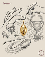 Illustration of a gold football pendant, football, helmet, and trophy with 'foramour' branding.