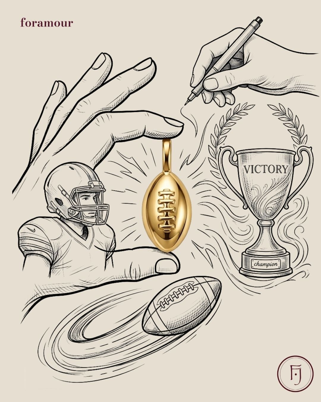 Illustration of a gold football pendant, football, helmet, and trophy with 'foramour' branding.