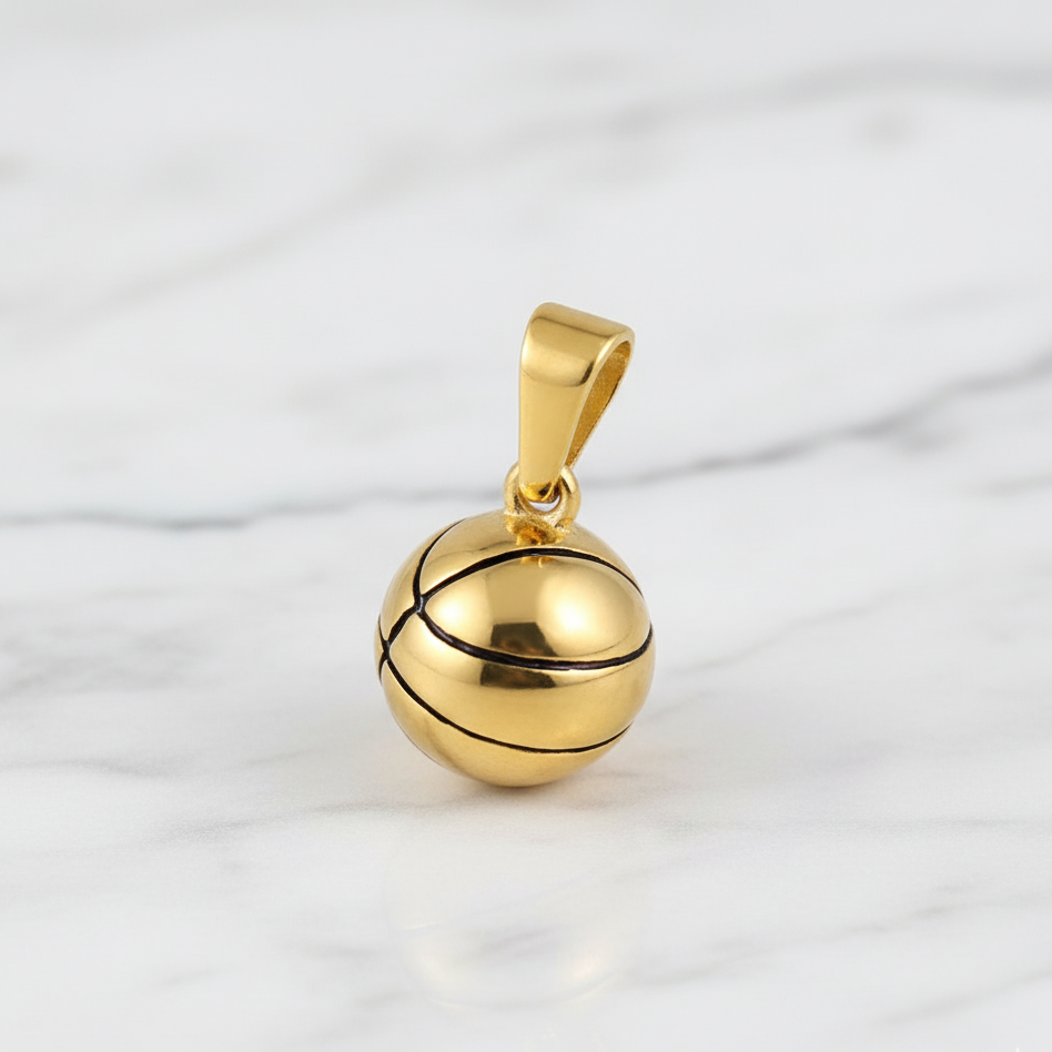 Gold basketball-shaped pendant on a light gray background