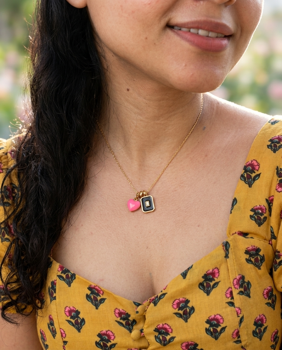 Black and Neon pink heart charm pendant