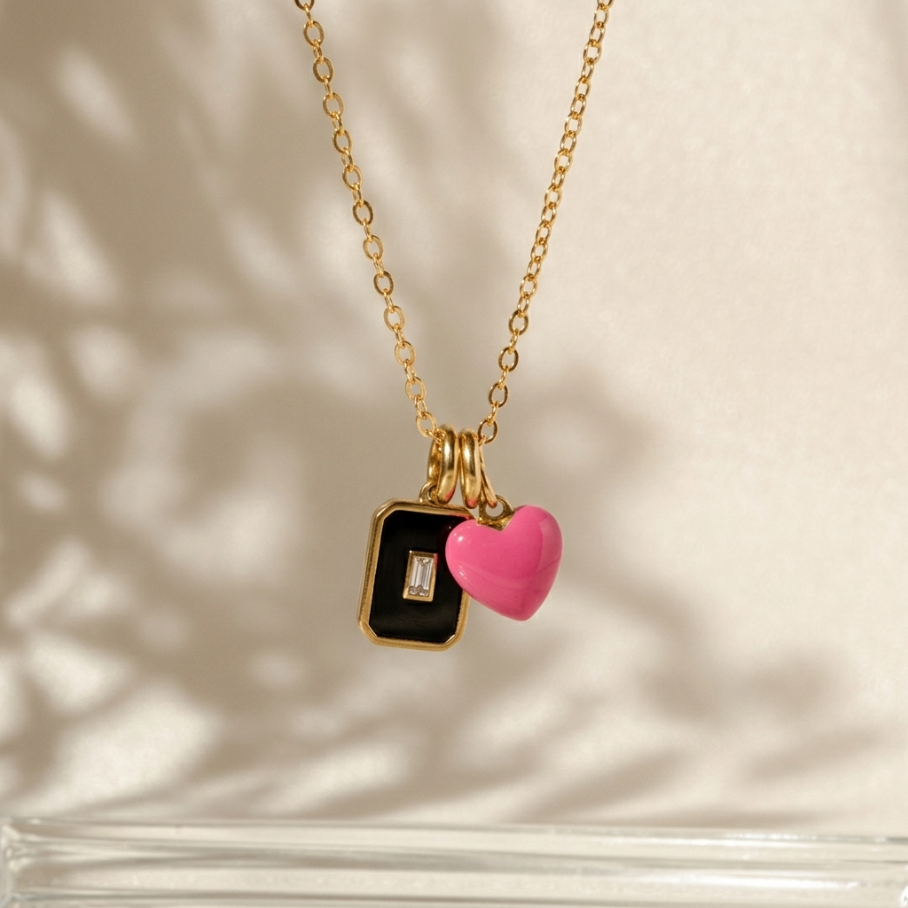 Black and Neon pink heart charm pendant