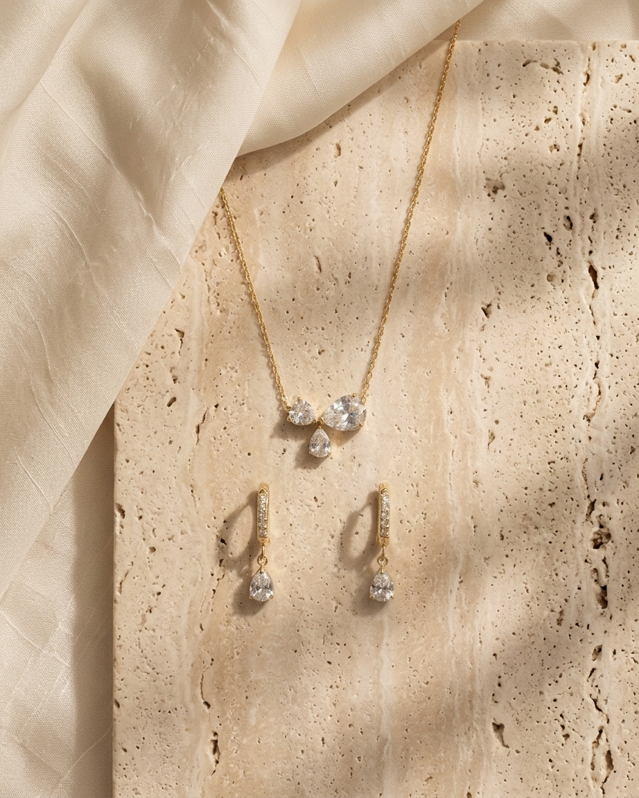 Gold jewelry set with necklace and earrings on a textured beige surface