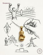 Gold boxing glove pendant with illustrations of a boxer, jump rope, mountain, and podium.