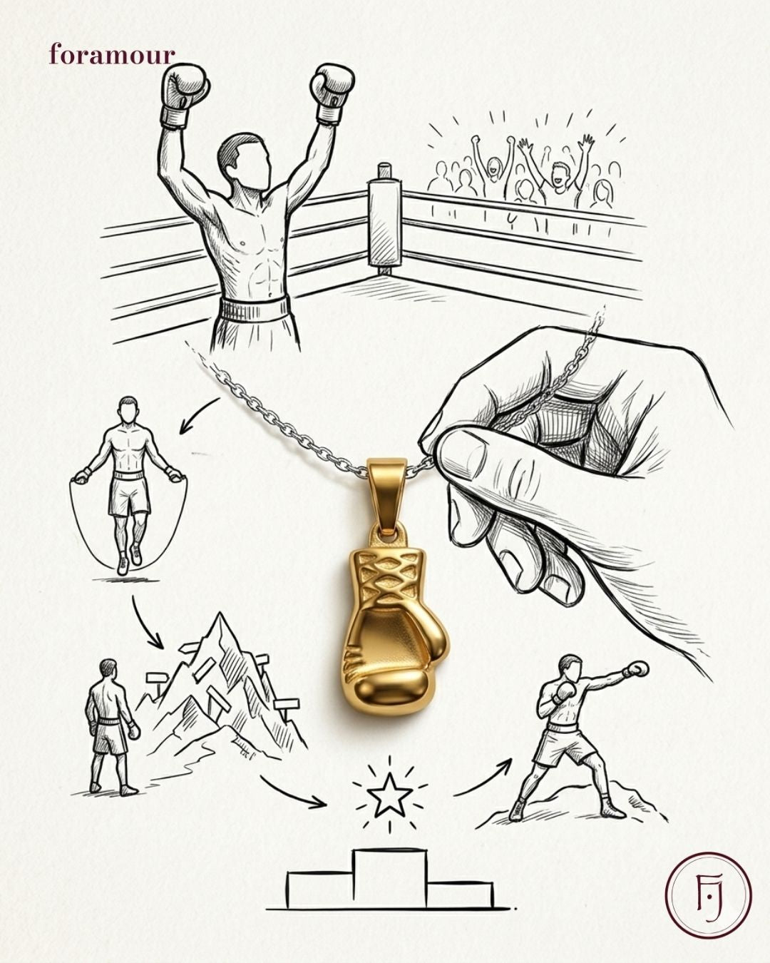 Gold boxing glove pendant with illustrations of a boxer, jump rope, mountain, and podium.