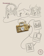 Illustration of a gold camera charm with scenic drawings and photos around it, featuring the brand 'foramour'.