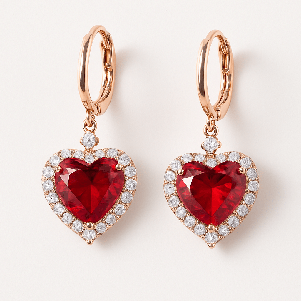 Heart-shaped red gemstone earrings with rose gold and clear stones on a white background