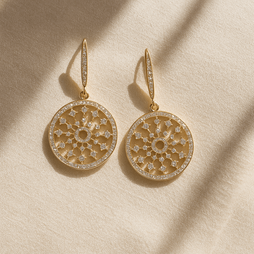 Gold earrings with intricate designs on a beige fabric background