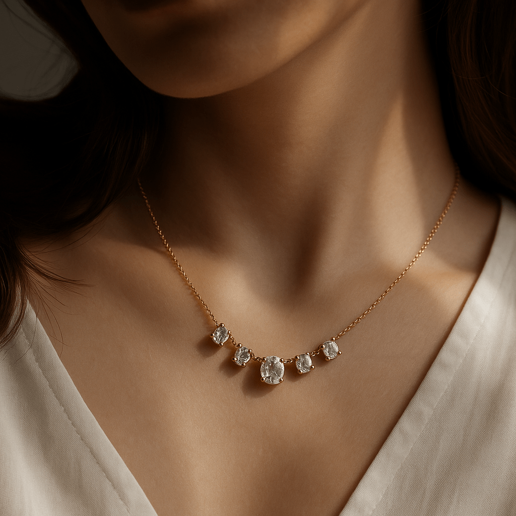 Necklace with diamond pendants worn by a person, focusing on the jewelry.