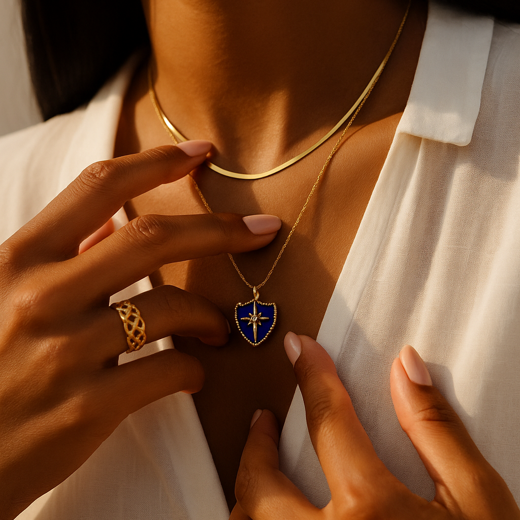 Person wearing a gold necklace with a blue pendant, holding a matching gold ring.