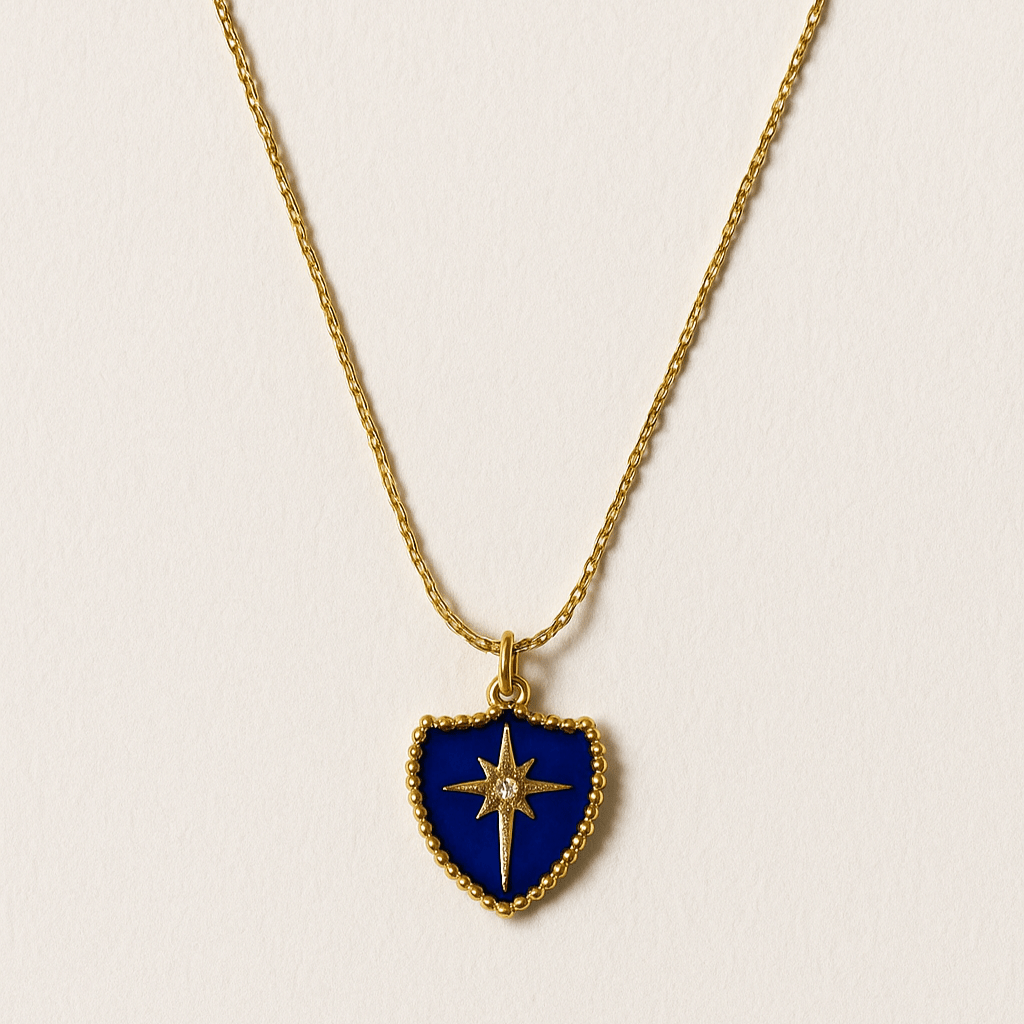 Necklace with a blue shield-shaped pendant on a light beige background