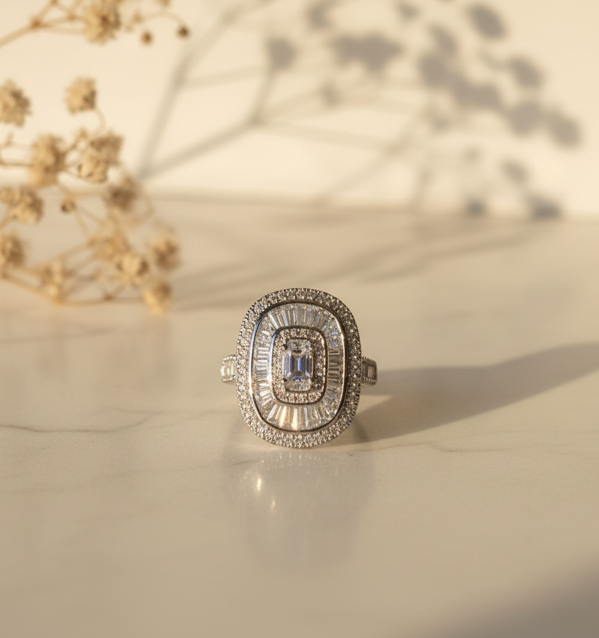 Elegant ring with a diamond on a soft beige background