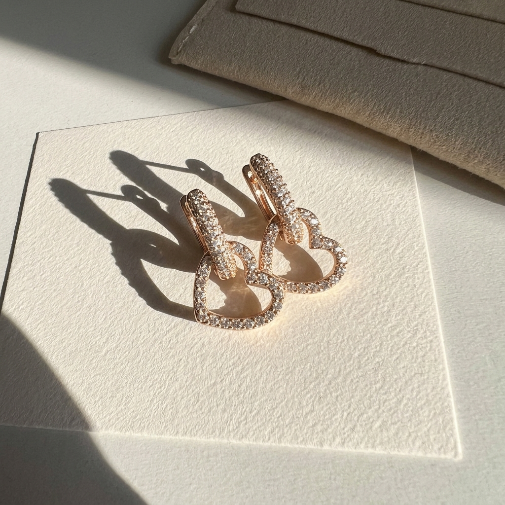 Rose gold heart-shaped earrings on a light surface