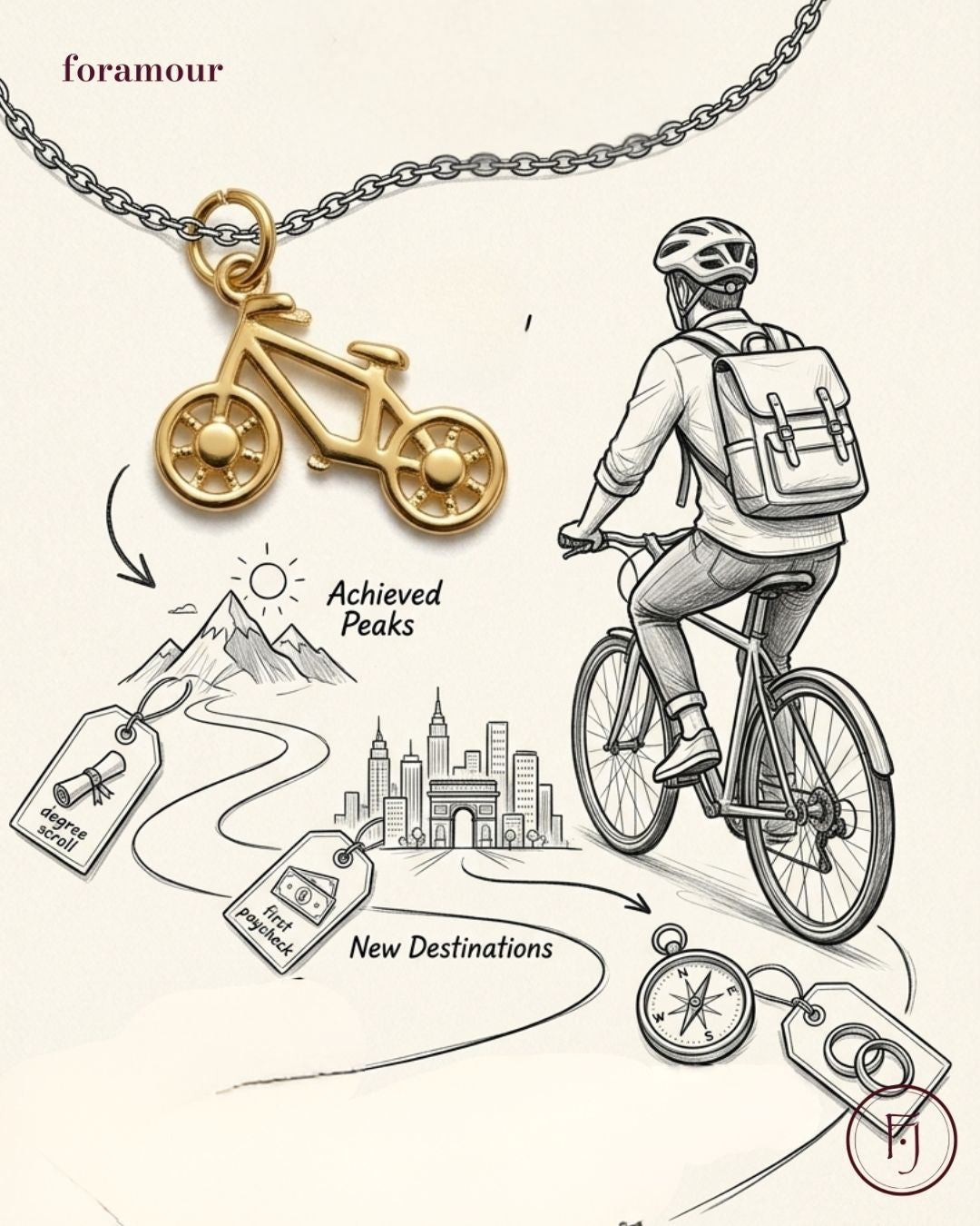 Gold bicycle pendant on a chain with a cyclist illustration and travel-themed elements.