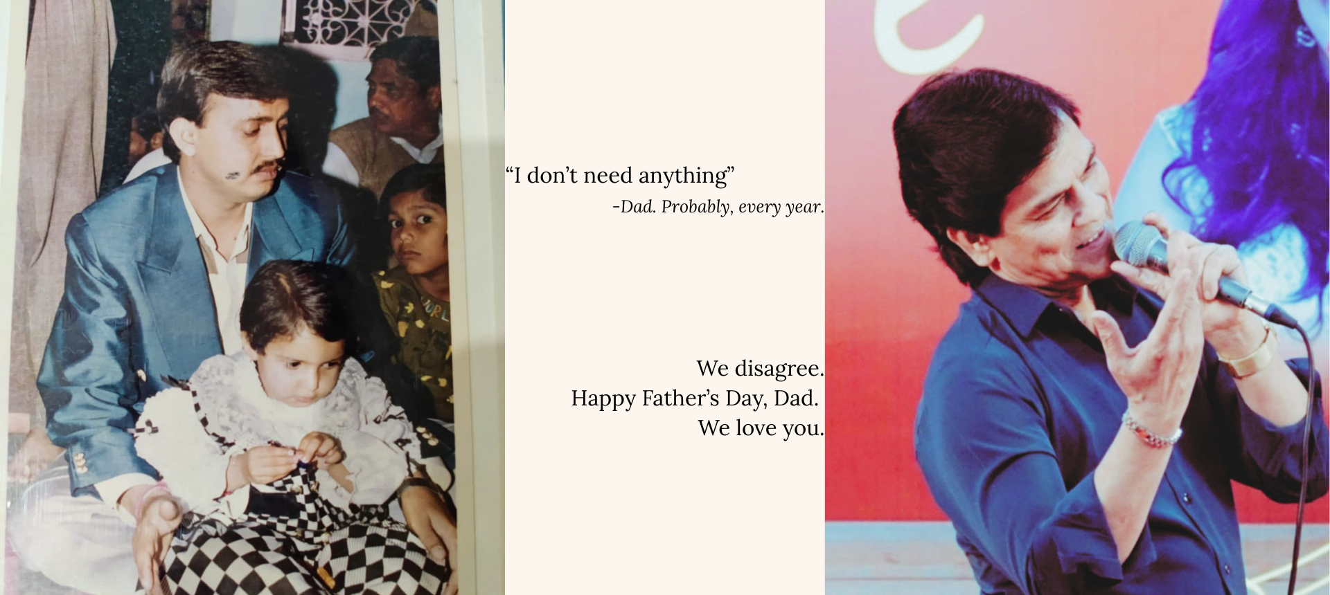 Two Father's Day cards side by side, one with a man and child and the other with a woman singing.