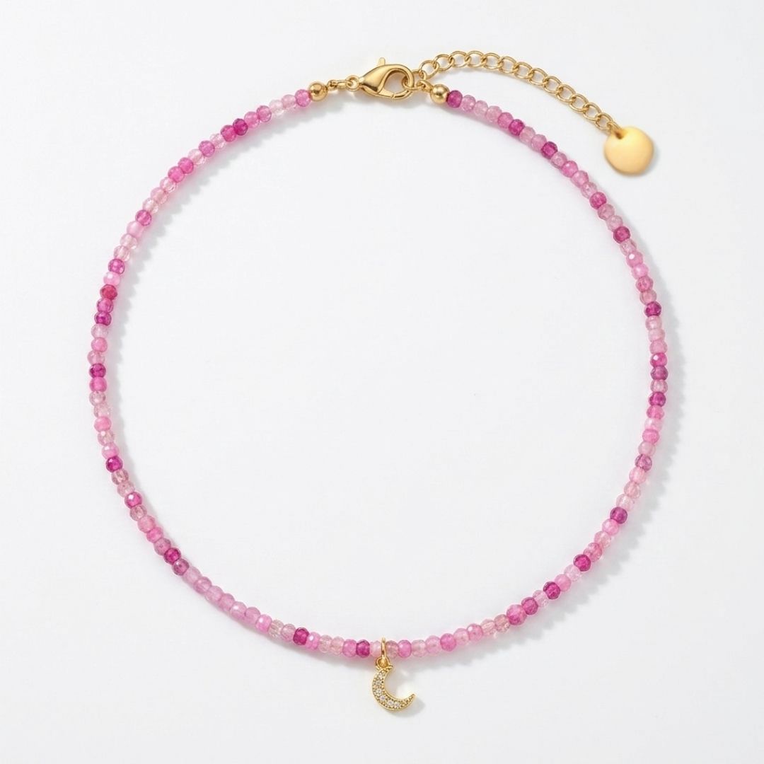 Pink Beaded Choker with Moon Charm - Sara's Necklace