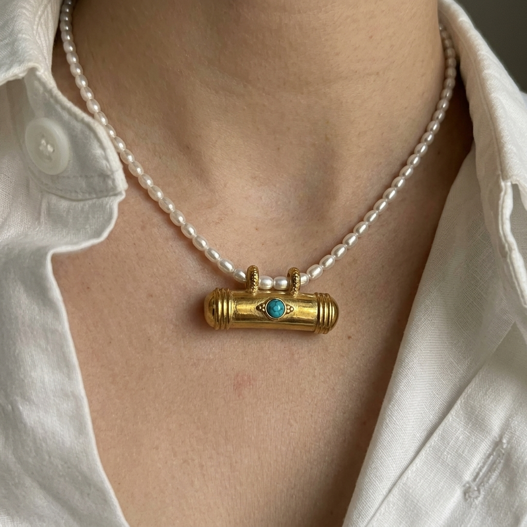 Gold pendant necklace with turquoise stone on a pearl chain worn by a person in a white shirt.